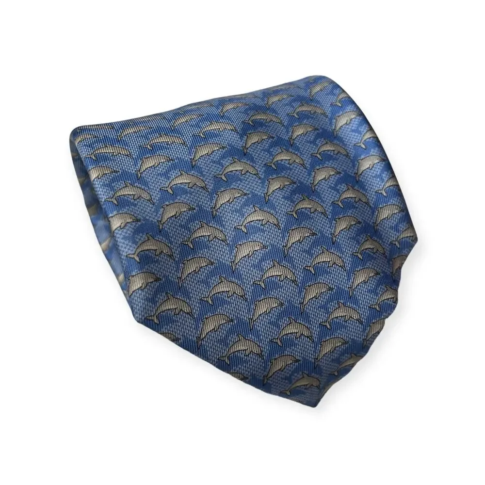 Thomas Pink Blue Dolphin Marine Print Silk Tie 100% Silk Designer Necktie